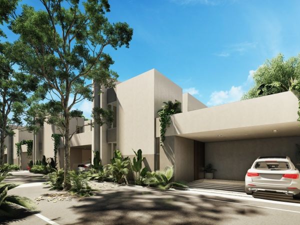 Lum Terra villas en venta en Cholul, Yucatán fachada con cochera